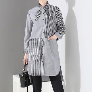 Plaid Panel Shirt Dress Black - One Size