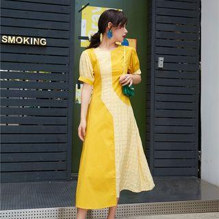 Checked Panel Short-sleeve Midi A-line Dress