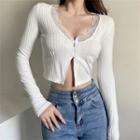 Long-sleeve Lace Trim Henley Crop Top