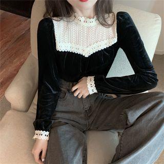 Velvet Long-sleeve Top Black & White - One Size