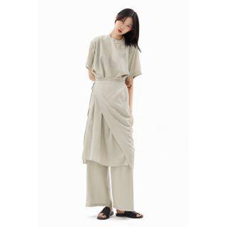 Deep-slit Textured Long Wrap Dress Khaki - One Size