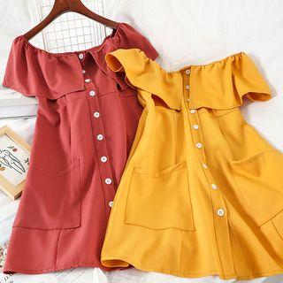Short-sleeve Off-shoulder Button Mini A-line Dress