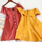 Short-sleeve Off-shoulder Button Mini A-line Dress