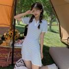 Short-sleeve Striped Mini Collared Dress Stripe - Blue & White - One Size