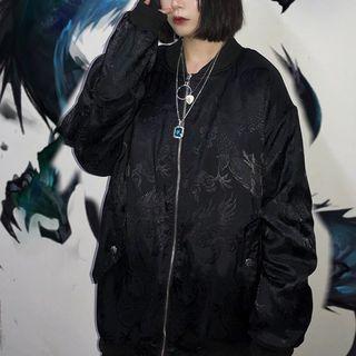 Dragon Print Zip Baseball Jacket Black - One Size
