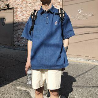 Elbow-sleeve Denim Polo Shirt