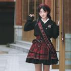 Set: Cropped Logo Embroidered Blazer + Plaid Bow Mini A-line Skirt