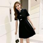 Short-sleeve Ruffled Trim Knit Dress Black - One Size