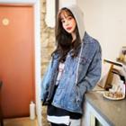 Hooded Distressed Boxy Denim Jacket Dark Blue - One Size