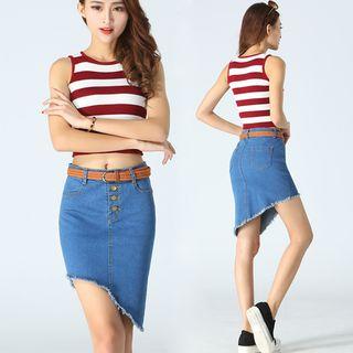 Asymmetric Mini Fitted Denim Skirt