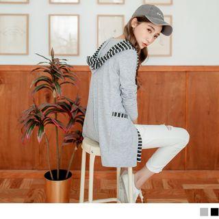 Open Front Striped Trim Panel Hooded Cardigan