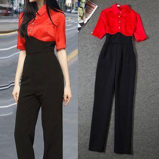 Short-sleeve Color Block Jumpsuit