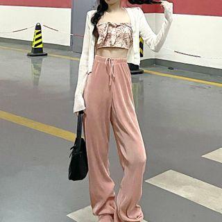 Floral Print Tube Top / Wide Leg Pants / Cardigan
