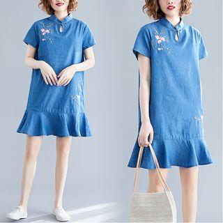 Floral Embroidered Short-sleeve Mandarin Collar Denim Dress Denim Blue - One Size