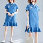 Floral Embroidered Short-sleeve Mandarin Collar Denim Dress Denim Blue - One Size