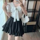 Puff-sleeve Lace Trim Bow Blouse / A-line Skirt