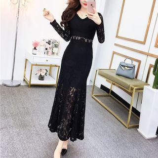 Long-sleeve V-neck Maxi Lace Dress