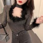 Choker-neck Fluffy Trim T-shirt