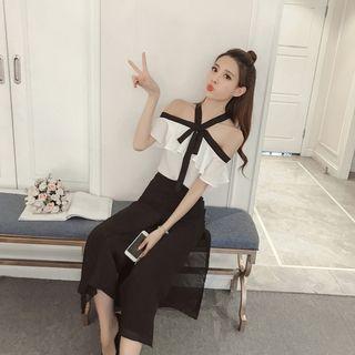 Set: Open Shoulder Frilled Top + Wide Leg Pants
