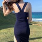 Sleeveless Plain Knit Midi Dress Sapphire Blue - One Size