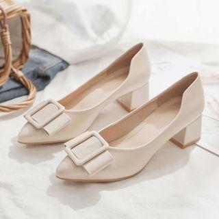 Buckled Faux Leather Block Heel Pumps