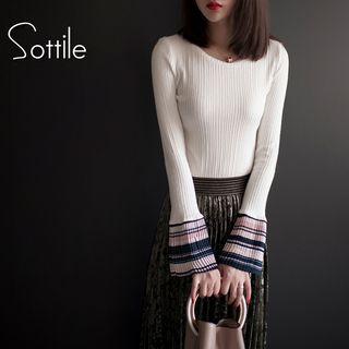 Bell-sleeve Shirred Striped Knit Sweater