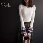 Bell-sleeve Shirred Striped Knit Sweater
