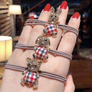 Plaid Button Rhinestone Bear Hair Tie