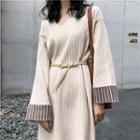 Set: Color Block V-neck Knit Dress + Slim Belt