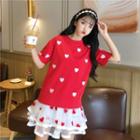 Heart Embroidered Short-sleeve T-shirt / Mesh Overlay Mini A-line Skirt