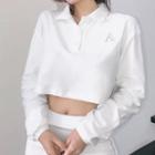 Long-sleeve Letter Embroidered Cropped Polo Shirt