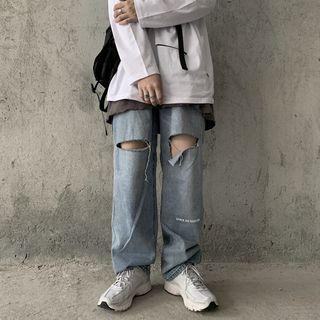 Distressed Lettering Wide-leg Jeans