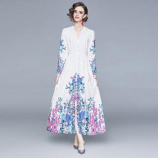V-neck Floral Maxi A-line Dress