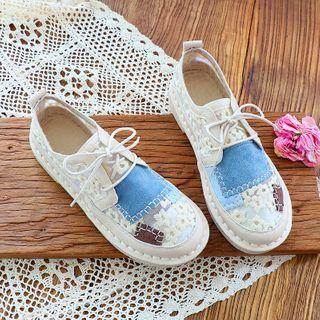 Patched Lace Panel Embroidered Sneakers