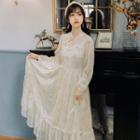 Mandarin Collar Long-sleeve Tiered Midi A-line Dress