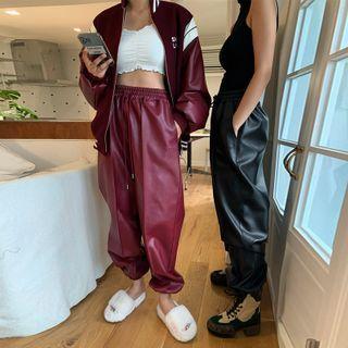 Pintuck Faux-leather Jogger Pants