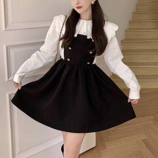 Collared Blouse / Mini A-line Overall Dress