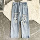 Mid Rise Washed Distressed Straight Leg Jeans