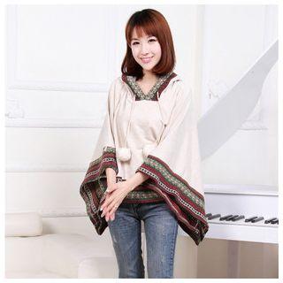 Patterned V-neck Pompom Square Hooded Cape