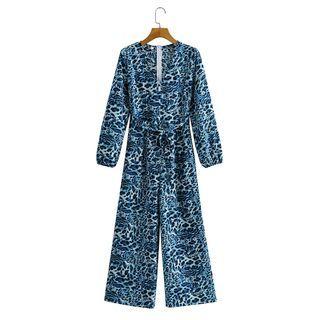 Long-sleeve V-neck Print Tie-strap Jumpsuit