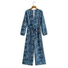 Long-sleeve V-neck Print Tie-strap Jumpsuit