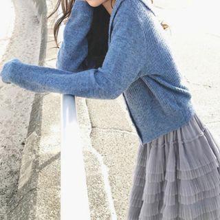 Set: Collar Cardigan + Midi A-line Mesh Skirt