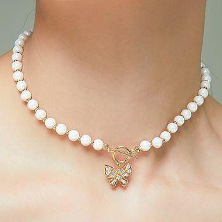 Rhinestone Butterfly Faux Pearl Necklace White Pearl - Gold - One Size