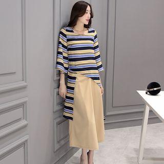 Set: Striped 3/4-sleeve Top + Wide Leg Pants