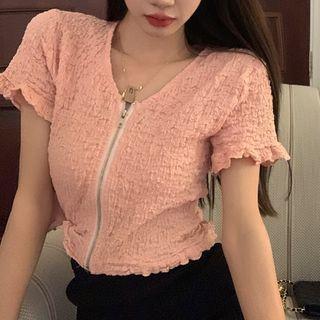 Short-sleeve Zip-up Shirred Top