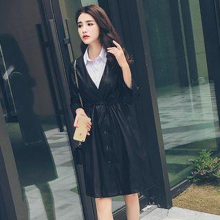 Set: Faux Leather V-neck Coatdress + Sleeveless Shirtdress