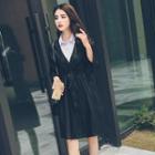 Set: Faux Leather V-neck Coatdress + Sleeveless Shirtdress