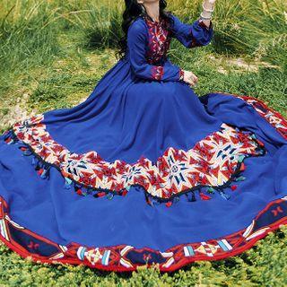 Puff-sleeve Patterned Tasseled Midi A-line Dress