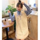V-neck Sleeveless Knit Dress / Ruffle Trim Blouse
