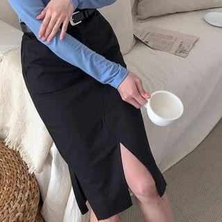 Deep-slit Fray-hem Midi Skirt